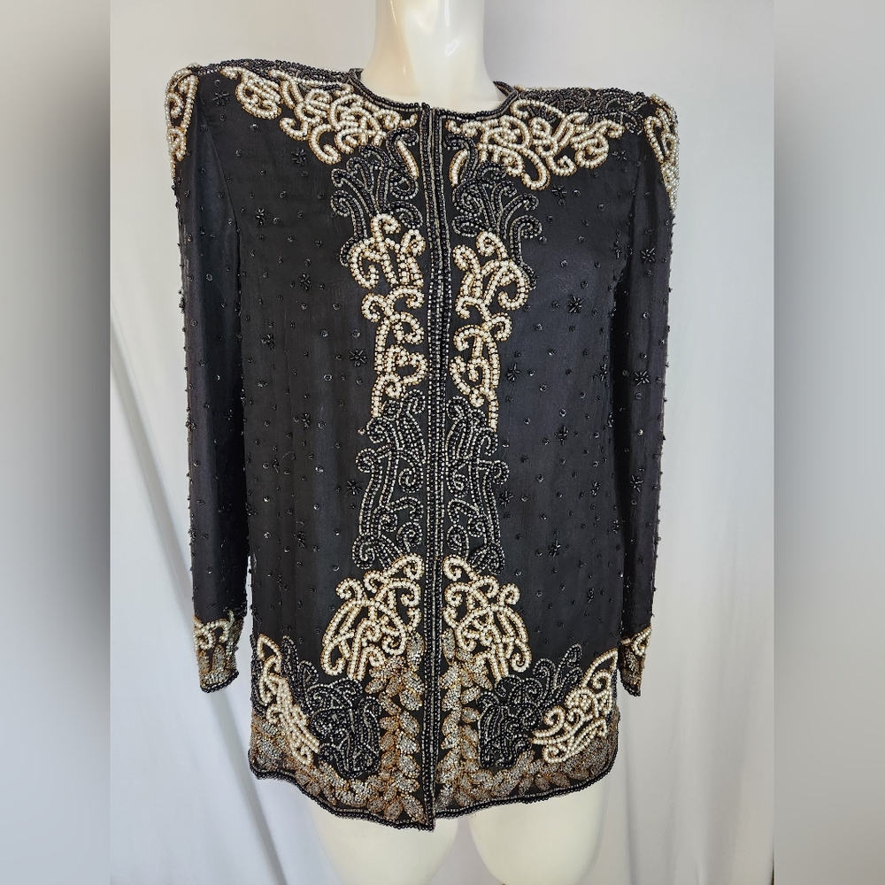 Vintage Braemar Petites Black and Gold Silk Beaded Blazer Size Small
